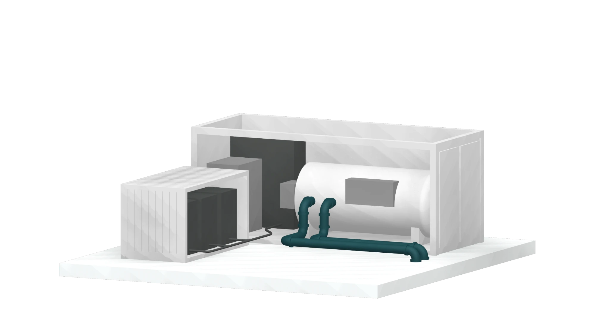 Power-to-Heat-Anlage: Elektrokessel mit Verrohrung und Schaltanlage in einem Container